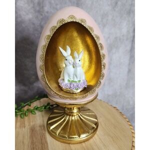 Easter Diorama Pink Gold Egg Bunny Rabbit Figurine Pedestal Resin 8.5" Tabletop